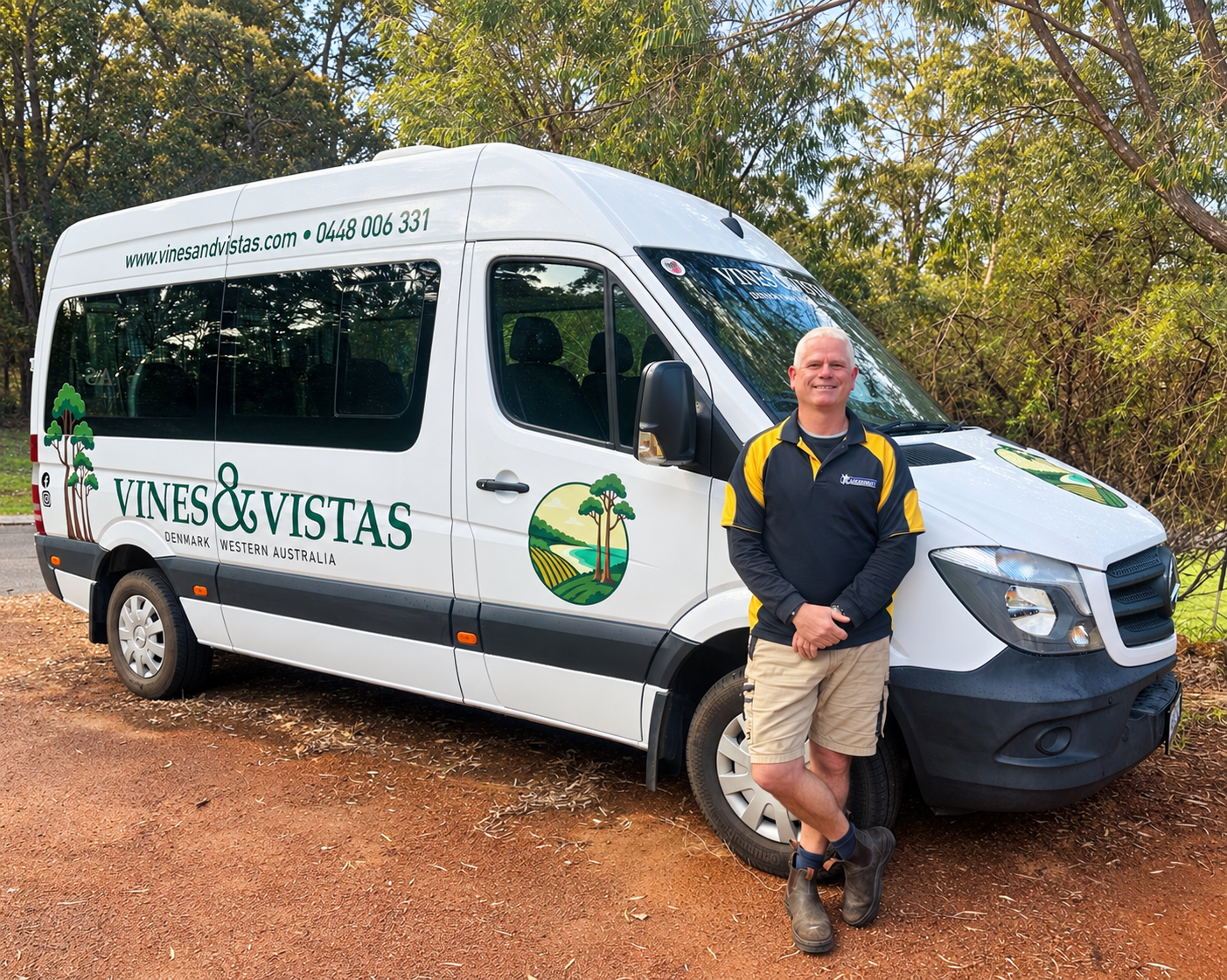 Craig Thompson, Vines and Vistas local tour guide and driver, beside the tour van in Denmark, Western Australia